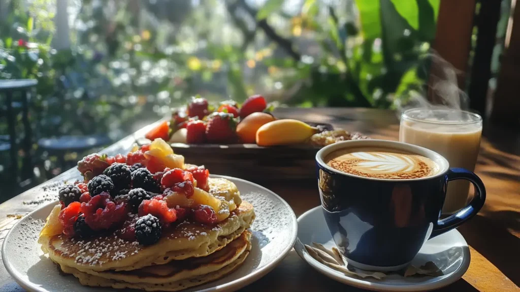 breakfast scene featuring a beautifully arranged table with a variety of colorful, nutritious dishes