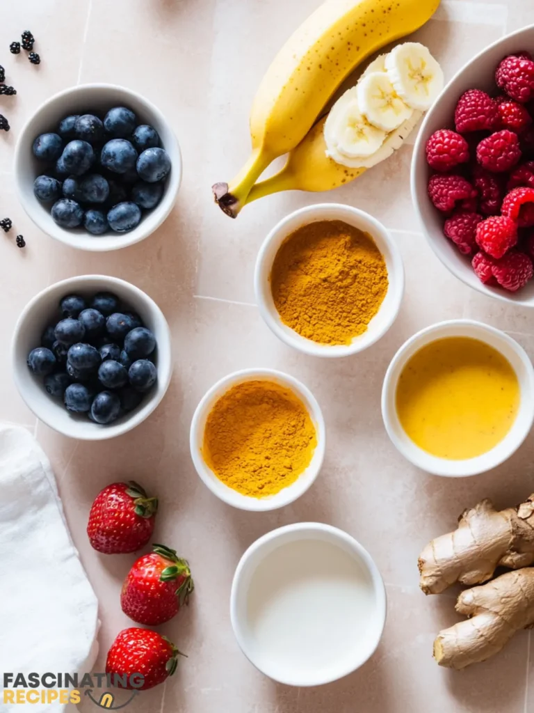 Close-up of a healthy berries ginger turmeric smoothie, surrounded by fresh ingredients like blueberries, blackberries, turmeric root, and ginger