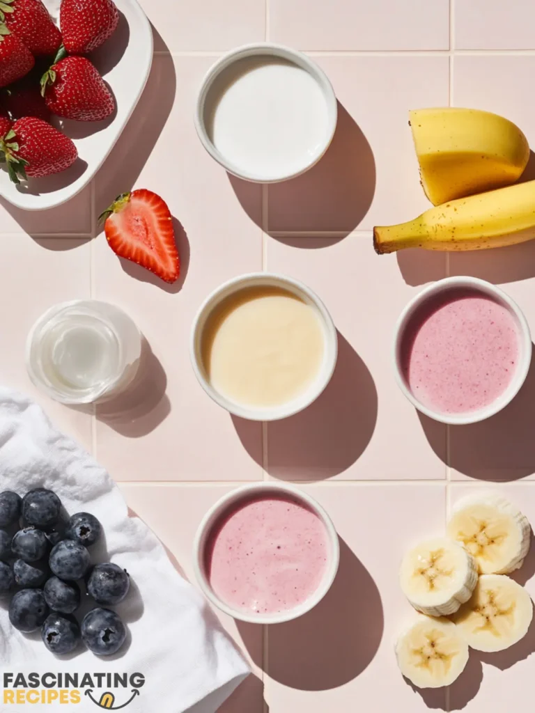 Ingredients for a strawberry blueberry smoothie, including fresh berries, banana, Greek yogurt, and almond milk, arranged on a kitchen