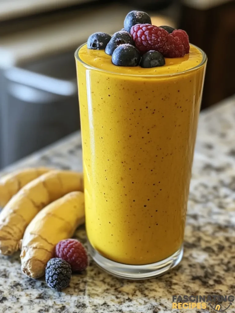 A refreshing berries ginger turmeric smoothie served in a clear glass with a garnish of fresh mint leaves, sitting beside a bowl of mixed berries and a dash of ground turmeric