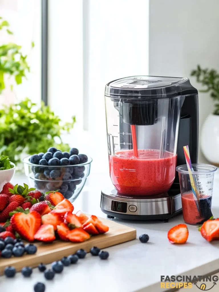 smoothie-making equipment, featuring a high-speed blender, fresh strawberries and blueberries in bowls, a measuring cup, a cutting board with sliced fruits, a straw, and a tall glass filled with a vibrant smoothie.