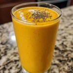 An overhead shot of a berries ginger turmeric smoothie in a mason jar, decorated with a turmeric swirl and accompanied by fresh ingredients and a wooden spoon on a linen cloth.