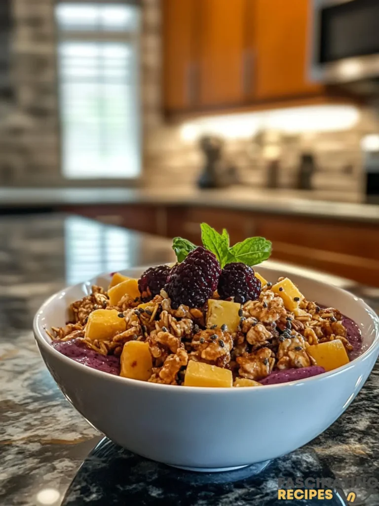 Vibrant Tropical Smoothie Acai Bowl with Fresh Fruits in kitchen