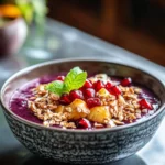 Vibrant Pomongranate Acai Bowl with Fresh Toppings in kitchen for wp recipe