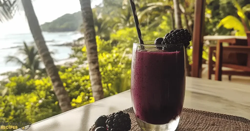 Black cherry and blackberry smoothie with fresh fruit garnish.