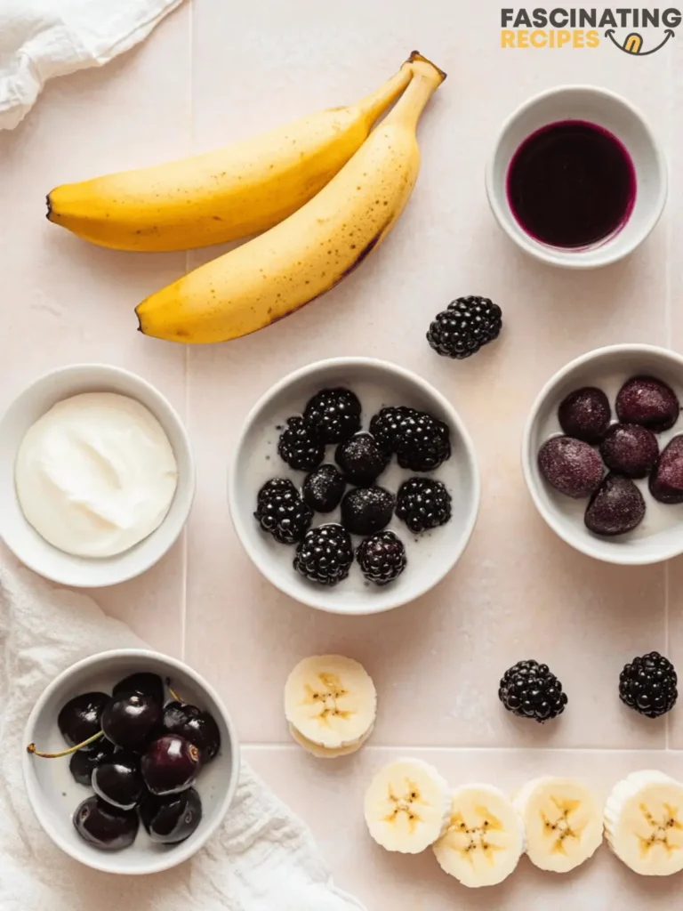 Ingredients for a black cherry and black berry smoothie.