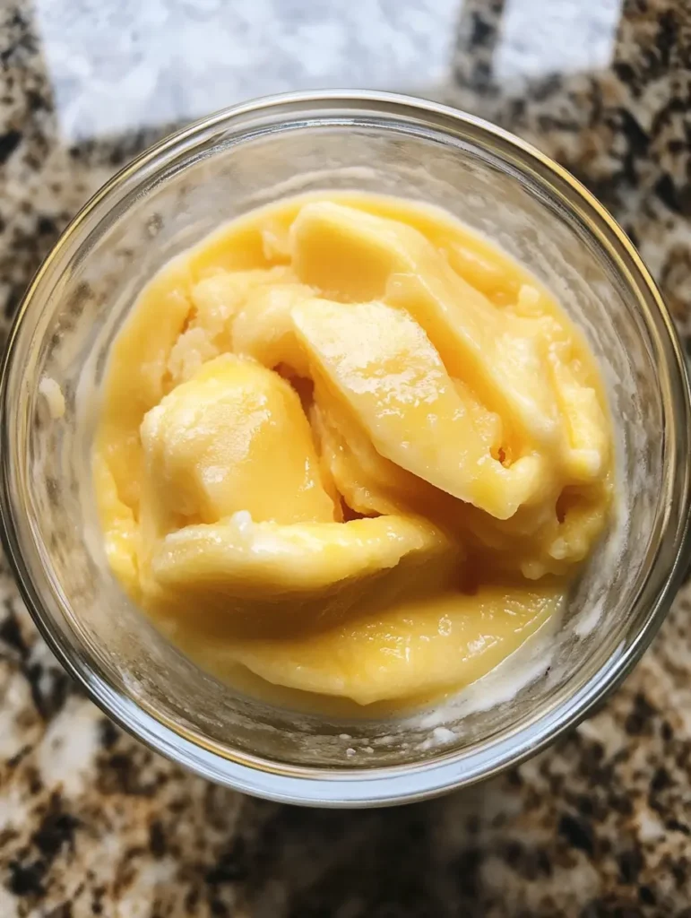 Close-up of mango pineapple smoothie texture with condensation.