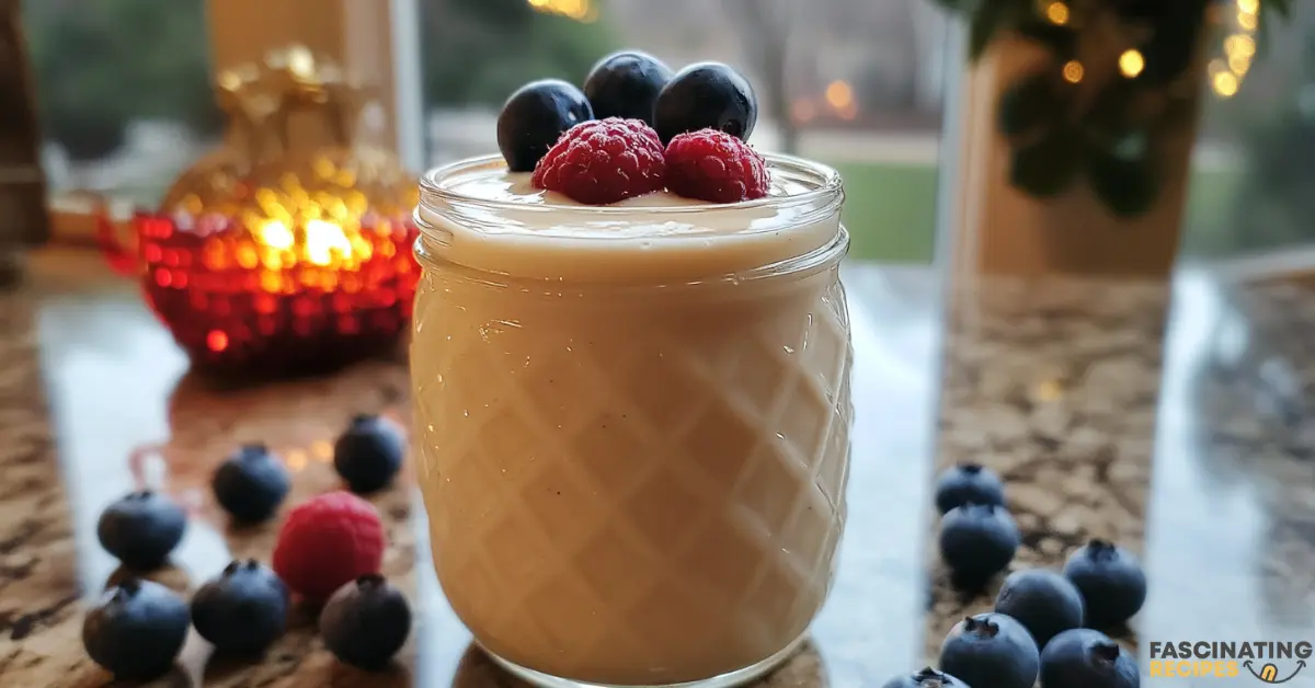 A glass of creamy kefir smoothie topped with fresh berries and a sprinkle of chia seeds on a kitchen