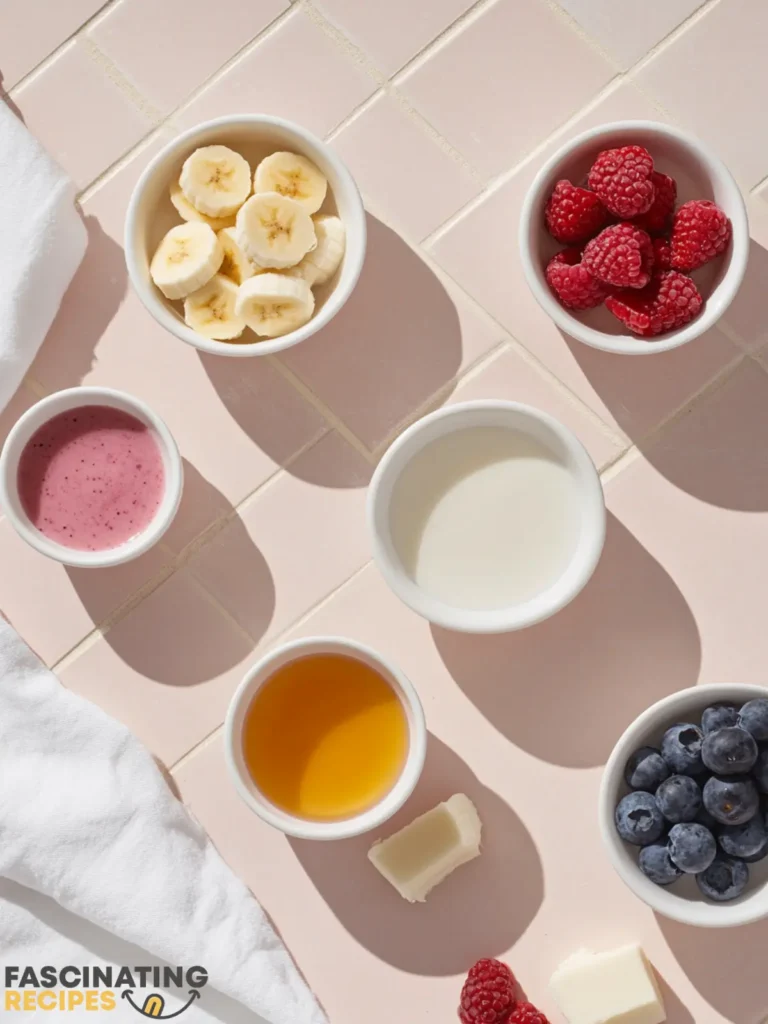 A blender filled with kefir, banana slices, frozen berries, and a drizzle of honey, ready to blend.