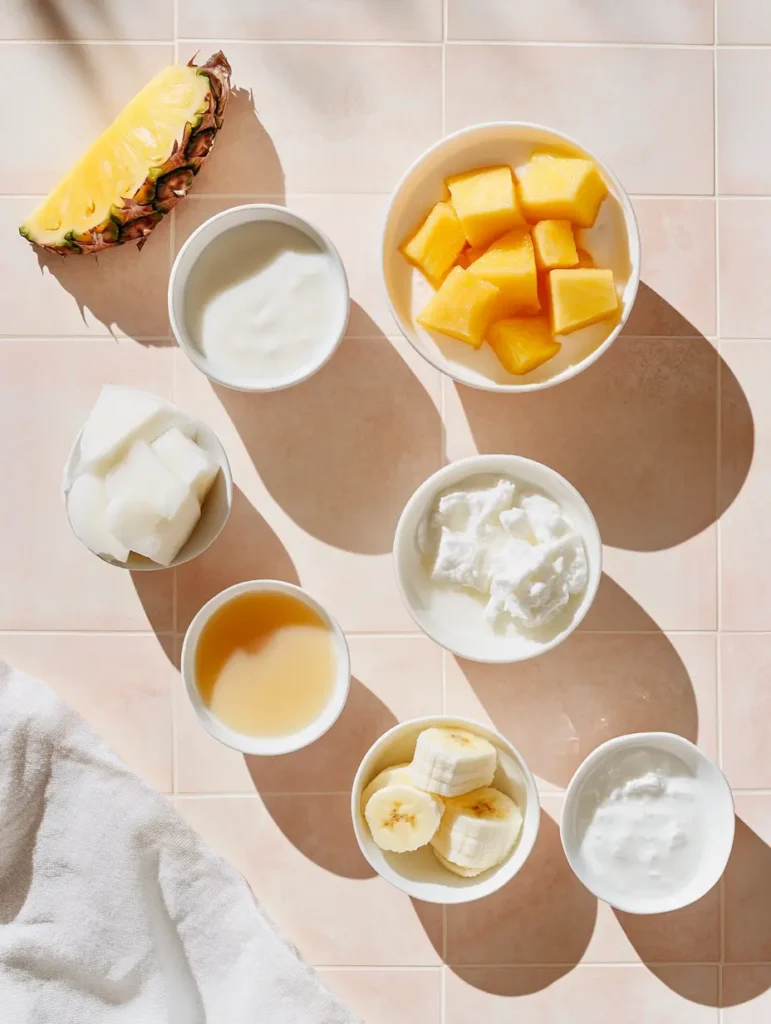 Mango, pineapple, and smoothie ingredients laid out on a light pink, tiled surface.