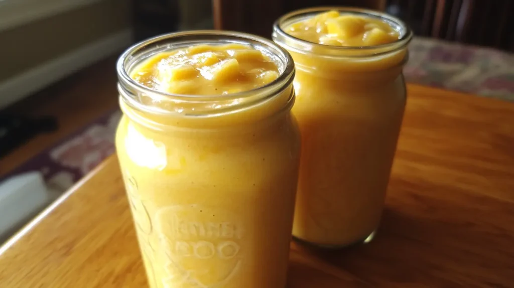 Mango, pineapple, and smoothie ingredients laid out on a wooden table.