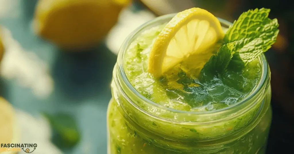 Detox smoothie with lemon and mint garnish in a glass jar.