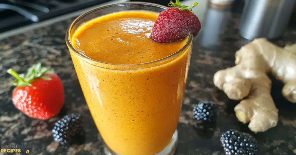 A vibrant glass of beries ginger turmeric smoothie topped with fresh blueberries, a sprinkle of turmeric powder, and a slice of ginger, showcasing its rich color and creamy texture.