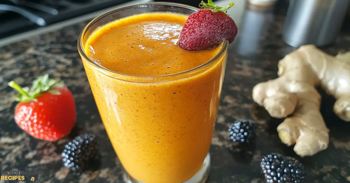 A vibrant glass of beries ginger turmeric smoothie topped with fresh blueberries, a sprinkle of turmeric powder, and a slice of ginger, showcasing its rich color and creamy texture.