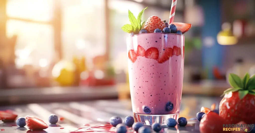 A vibrant strawberry blueberry smoothie in a glass, garnished with fresh strawberries and blueberries