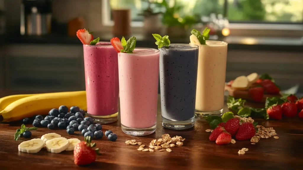 breakfast smoothies in tall glasses, featuring fresh fruits like bananas, strawberries, and blueberries, alongside leafy greens like spinach and kale