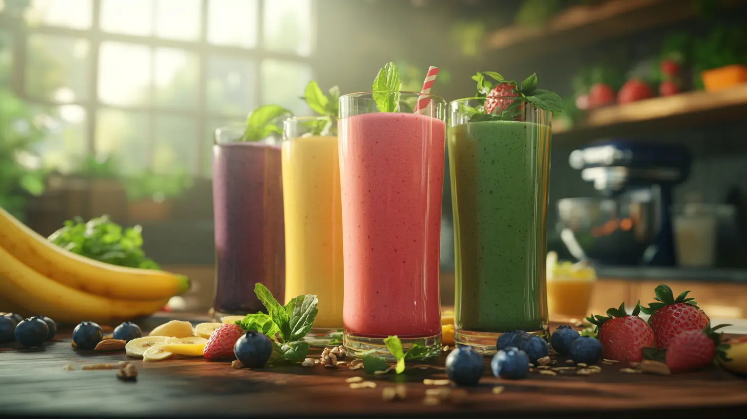 Breakfast smoothies in tall glasses, surrounded by fresh fruits and leafy greens on a wooden counter, morning sunlight streaming through a window